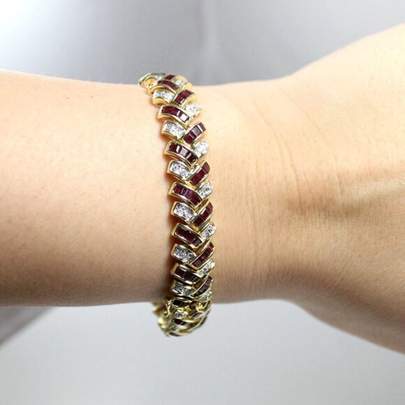 VINTAGE RUBY & DIAMOND COCKTAIL 14K YELLOW GOLD STRAP BRACELET 7 - Picture 2 of 10